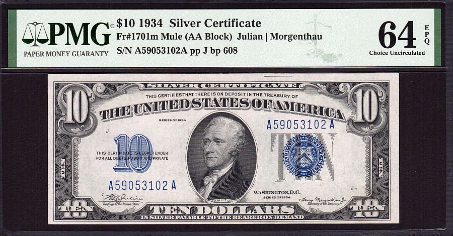 Fr.1701m, 1934 $10 Mule Silver Certificate, PMG-64 EPQ